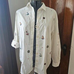 Vintage Nautical Embroidered White Button Up